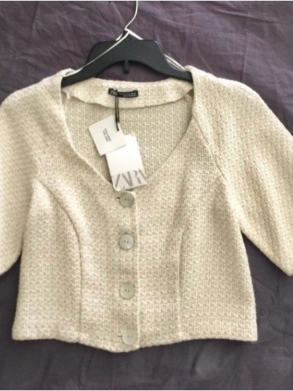 Zara Tweed Cream Ecru Cable Knit Button Down Top Crop Sweater Size L NWT